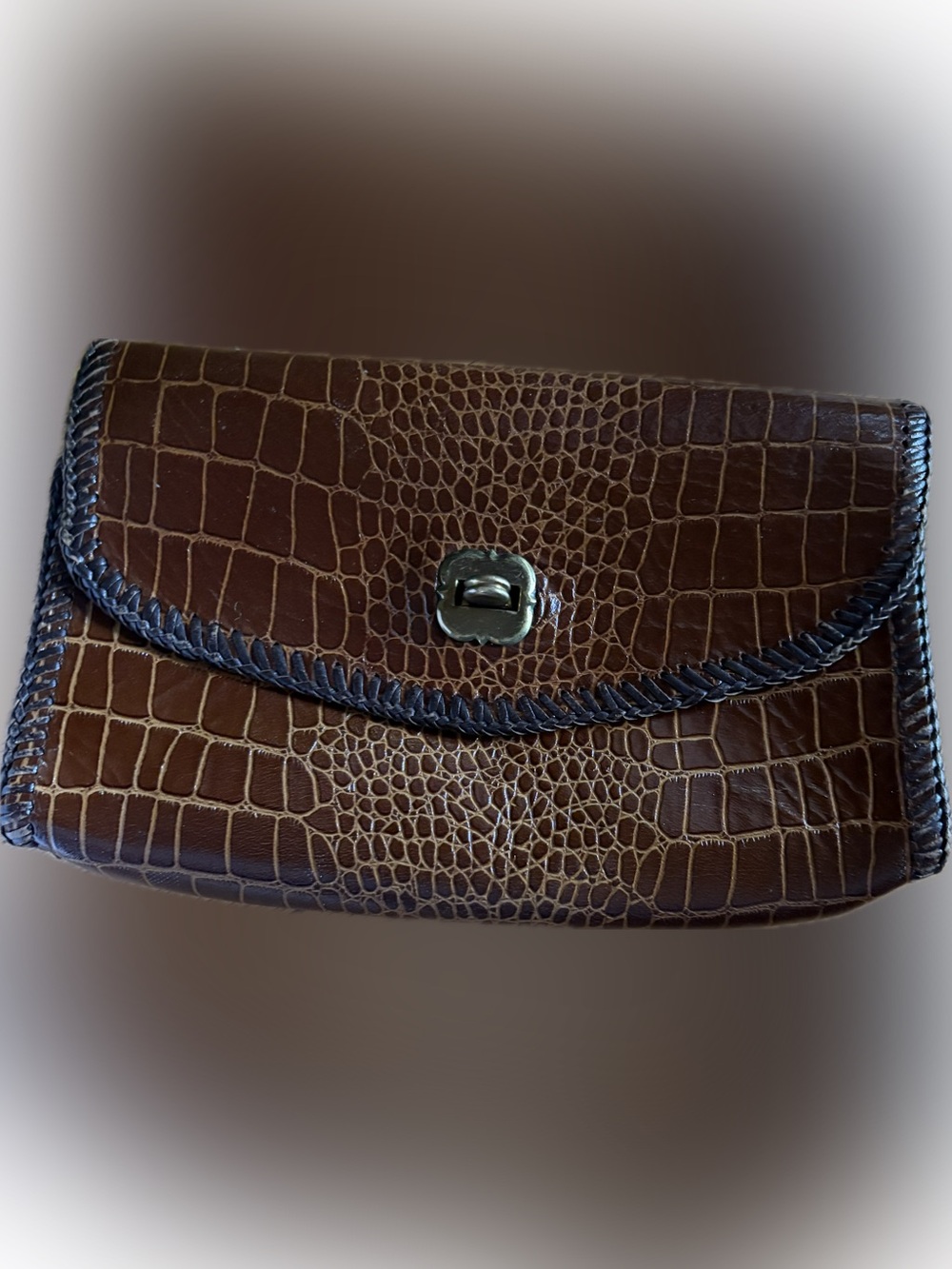 Vintage Brown Croc-Embossed Clutch with Brass Turn-Lock